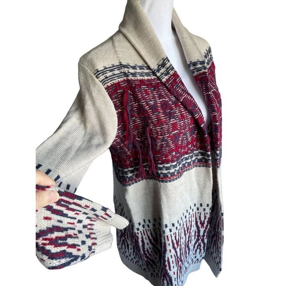 Style & Co Sweater Cardigan Women's Sz Small Open Front Tan Red Blue Fringe - Picture 5 of 11